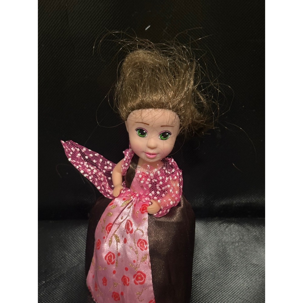 Mini cupcake surprise Doll Pink Floral Dress Green Eyes Brunette Toy 4 Inch